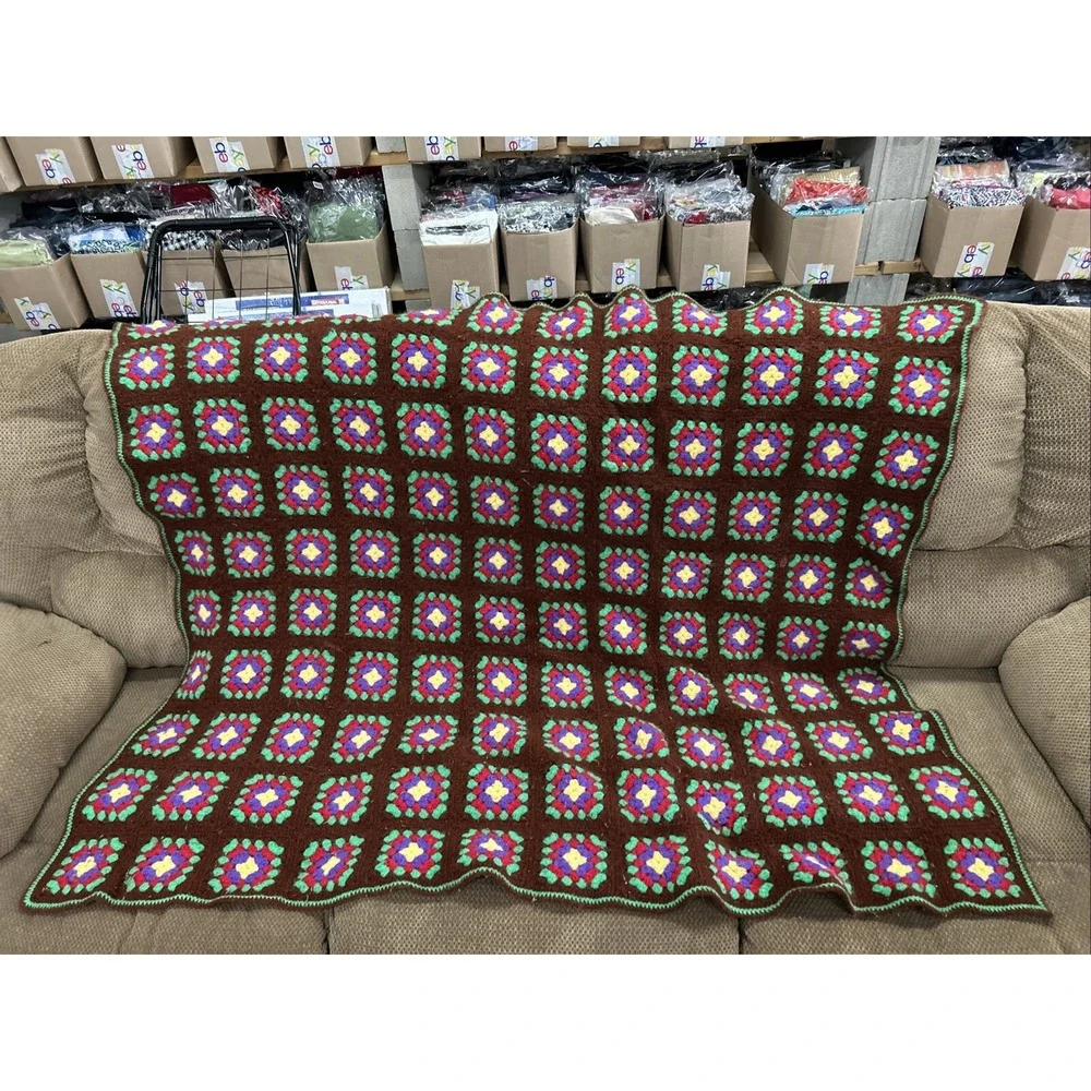 Vtg 70s Brown Multicolor Flower Square Afghan Blanket Granny Crochet Throw 48x60
